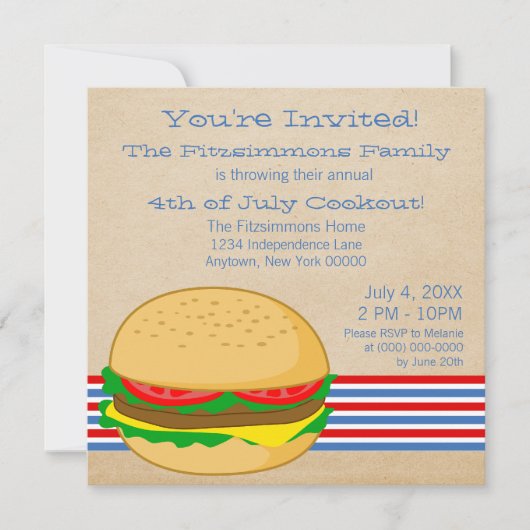 Juli 4e Striped BBQ Cookout nodigt uit Kaart (Voorkant)
