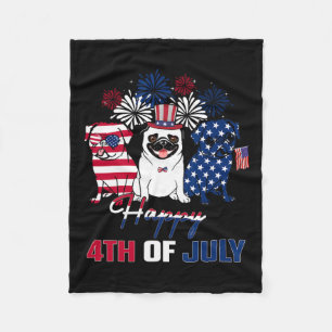 Juli Amerikaanse vlag Drie Rood Wit Pug Blauw Vuur Fleece Deken