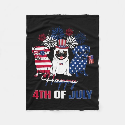 Juli Amerikaanse vlag Drie Rood Wit Pug Blauw Vuur Fleece Deken (Voorkant)