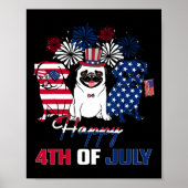 Juli Amerikaanse vlag Drie Rood Wit Pug Blauw Vuur Poster (Voorkant)