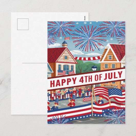 Juli banner te midden van feestelijk vuurwerk feestdagenkaart (Voorkant / Achterkant)