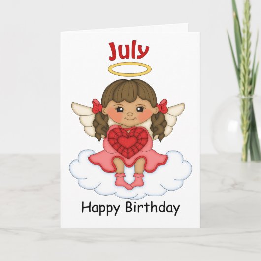 Juli Birthstone Angel Brunette Verjaardag Kaart (Voorkant)