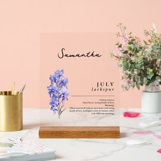 Juli Geboorte Maand Bloem Larkspur gepersonaliseer Acryl Bord (Huwelijk)