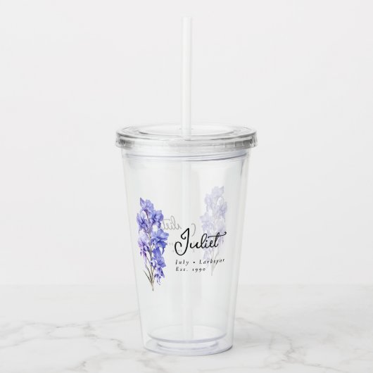 Juli Geboorte Maand Bloem Larkspur gepersonaliseer Acryl Drinkbeker (Voorkant)