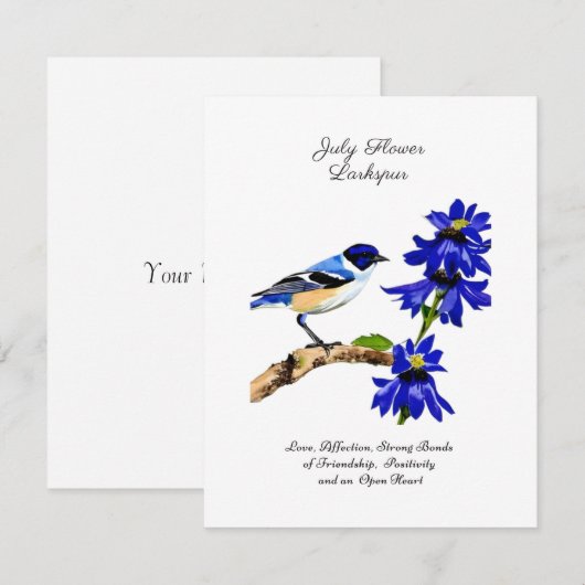 Juli Geboortemaand Bloem Blauwvogel en Larkspur (Voorkant / Achterkant)