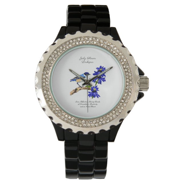 Juli Geboortemaand Bloem Blauwvogel en Larkspur Horloge (Voorkant)