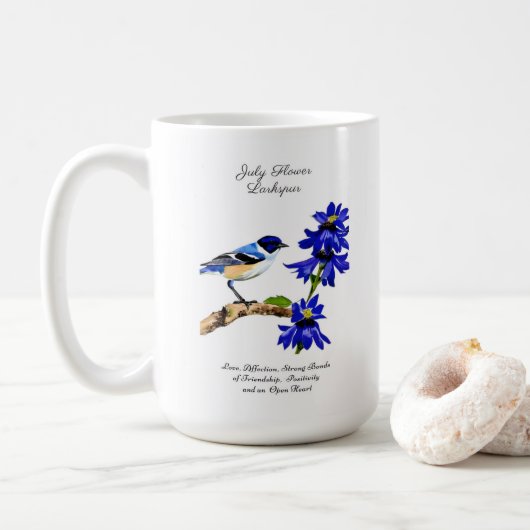 Juli Geboortemaand Bloem Blauwvogel en Larkspur Koffiemok (Met donut)