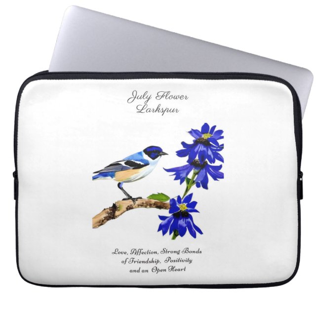 Juli Geboortemaand Bloem Blauwvogel en Larkspur Laptop Sleeve (Voorkant)