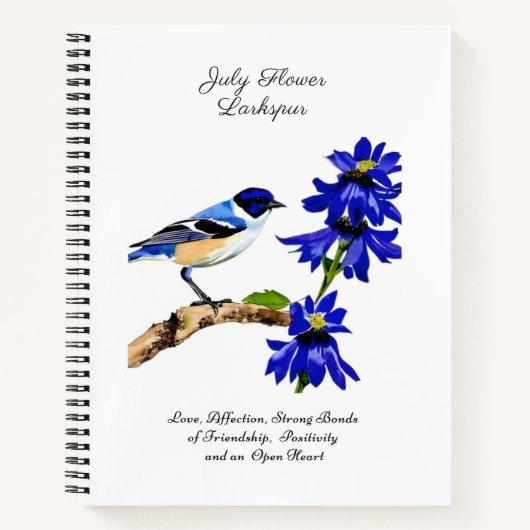 Juli Geboortemaand Bloem Blauwvogel en Larkspur Notitieboek (Voorkant)