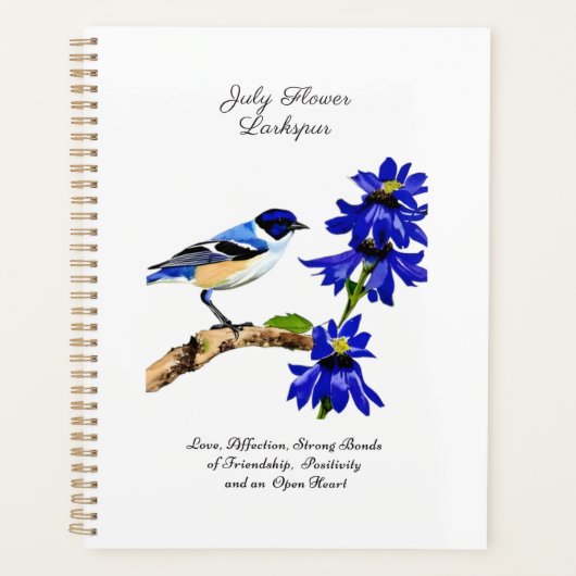 Juli Geboortemaand Bloem Blauwvogel en Larkspur Planner (Voorkant)
