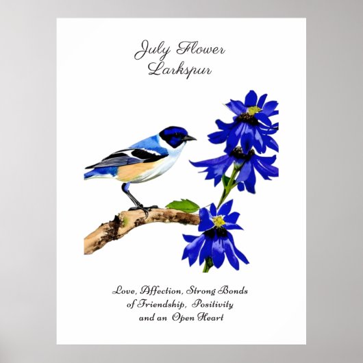Juli Geboortemaand Bloem Blauwvogel en Larkspur Poster (Voorkant)