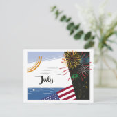Juli Kunst Deco Beach Scene met Vlag en Vuurwerk Briefkaart (Staand voorkant)