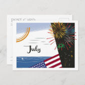 Juli Kunst Deco Beach Scene met Vlag en Vuurwerk Briefkaart (Voorkant / Achterkant)