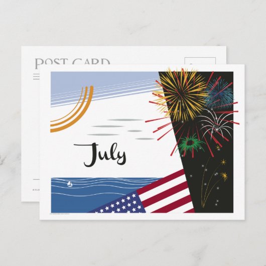 Juli Kunst Deco Beach Scene met Vlag en Vuurwerk Briefkaart (Voorkant / Achterkant)