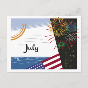 Juli Kunst Deco Beach Scene met Vlag en Vuurwerk Briefkaart