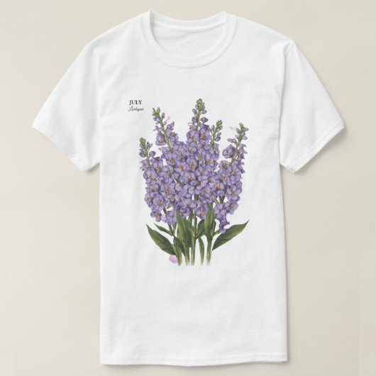 Juli Larkspur Bloom - Gepersonaliseerd verjaardags T-shirt (Design voorkant)