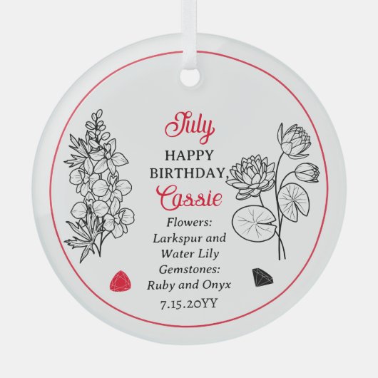Juli Larkspur en Water Lily Verjaardag Keepsake Glas Ornament (Voorkant)