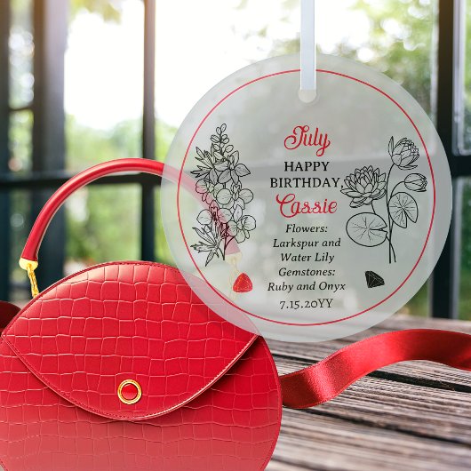 Juli Larkspur en Water Lily Verjaardag Keepsake Glas Ornament