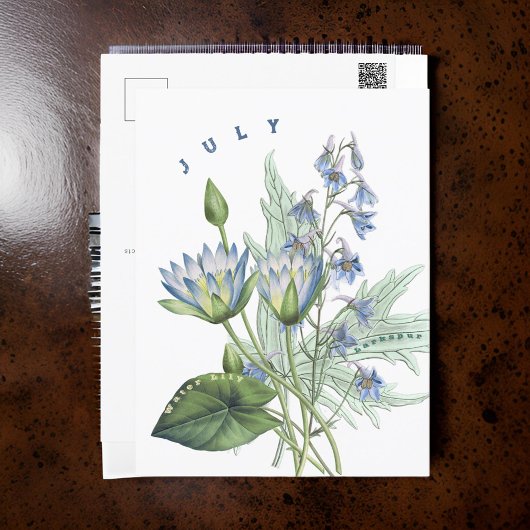 Juli Maand Bloemen Larkspur en Waterlelie | Briefkaart