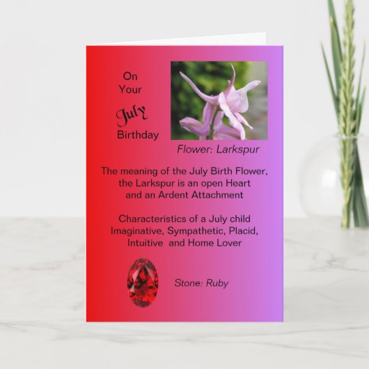 Juli Verjaardag Kaart - Larkspur en Ruby (Voorkant)