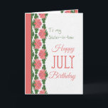 Juli Verjaardag Kaart voor schoonzus, Water Lelies<br><div class="desc">Een  roze en blauw juli Verjaardag Kaart voor een schoonzus,  met een rand van Water Lelies,  uit een handgeschilderde papieren collage van Judy Adamson. Onderdeel van het Posh & Painterly 'Lily Pond' collectie.</div>