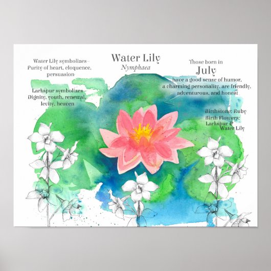 Juli Verjaardag Waterlelie Larkspur Vijver Bloemen Poster (Voorkant)