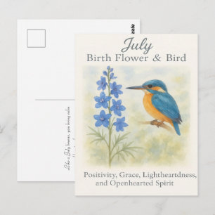 Juli Verjaardagsvogel Blauwe Bloemige Vintage Insp Briefkaart