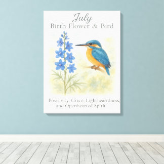 Juli Verjaardagsvogel Blauwe Bloemige Vintage Insp Canvas Afdruk