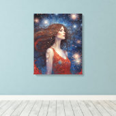 juli vuurwerk vrouw in rode jurk 4th canvas afdruk (Insitu (Houten vloer))