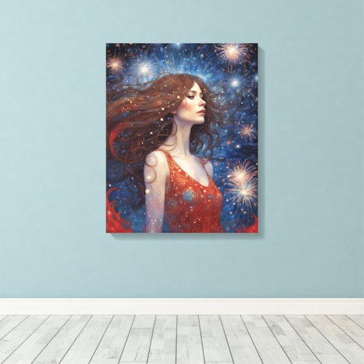 juli vuurwerk vrouw in rode jurk 4th canvas afdruk (Insitu (Houten vloer))