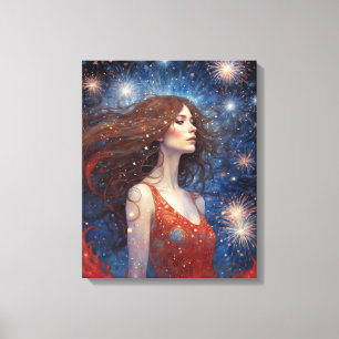 juli vuurwerk vrouw in rode jurk 4th canvas afdruk