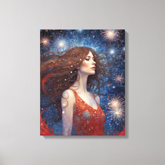 juli vuurwerk vrouw in rode jurk 4th canvas afdruk (Voorkant)