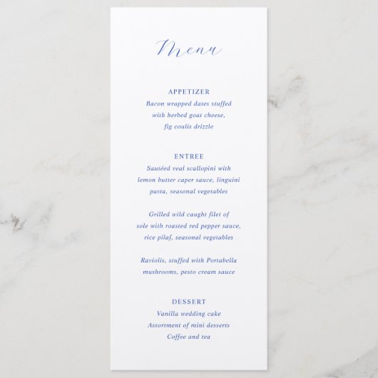 Julia Blue Traditionele Elegante Bruiloft Menu (Voorkant)