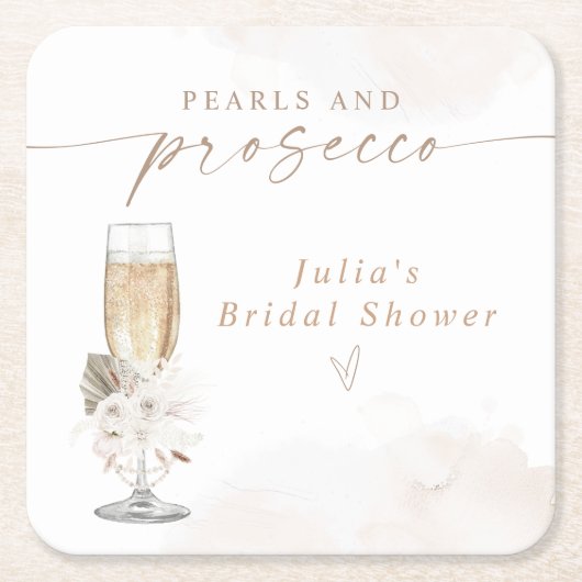 JULIA Boho Bloem Pearls & Prosecco Bruidsfeest Kartonnen Onderzetters (Voorkant)
