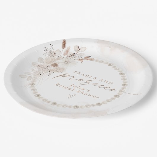 JULIA Boho Floral Pearls & Prosecco Vrijgezellenfe Papieren Bordje (Gekanteld)