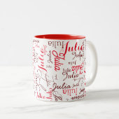 Julia Custom Red Script Name herhaald overal Tweekleurige Koffiemok (Voorkant rechts)
