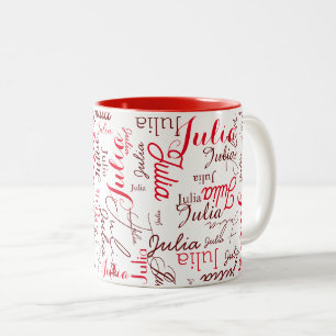 Julia Custom Red Script Name herhaald overal Tweekleurige Koffiemok