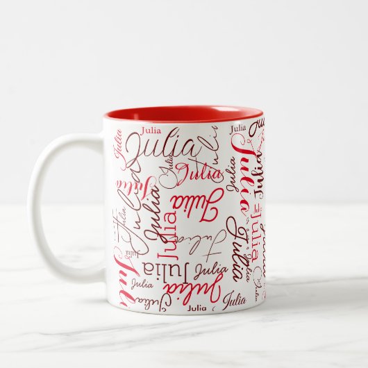 Julia Custom Red Script Name herhaald overal Tweekleurige Koffiemok (Links)