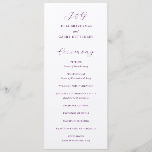 Julia Plum Traditionele Elegante Bruiloft Programmakaart (Voorkant)