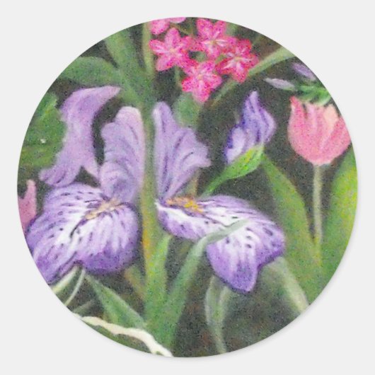 Julia's Iris Garden Ronde Sticker (Voorkant)