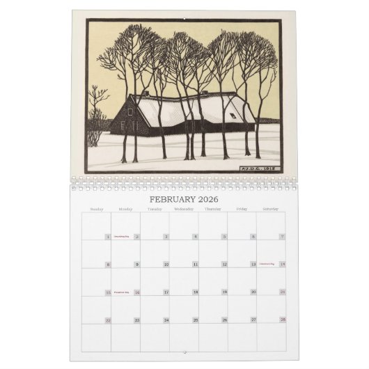 Julie de Graag Art Nouveau Woodcuts Aangepast jaar Kalender (Feb 2026)