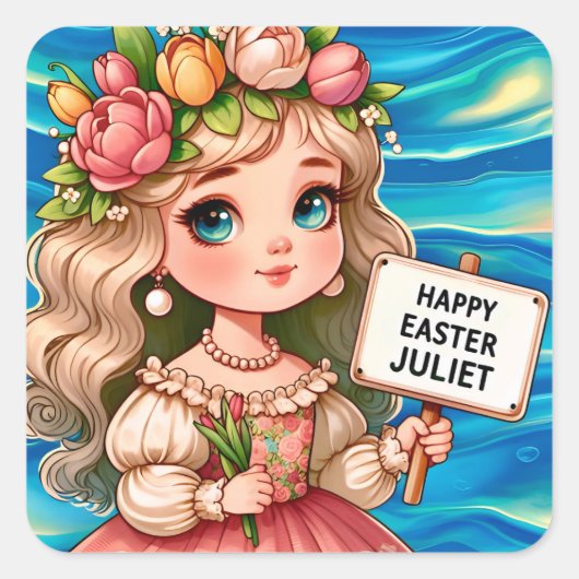 JULIET ~ GELUKKIG PASEN ~ Bloemen ~ Vierkante Sticker (Voorkant)