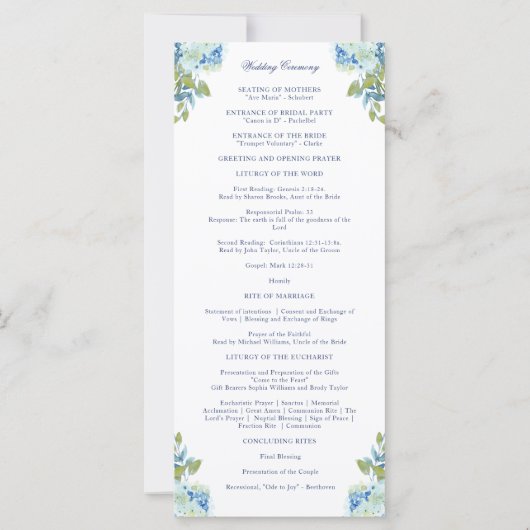 Juliette Blue Floral katholieke Wedding Program Ma (Achterkant)
