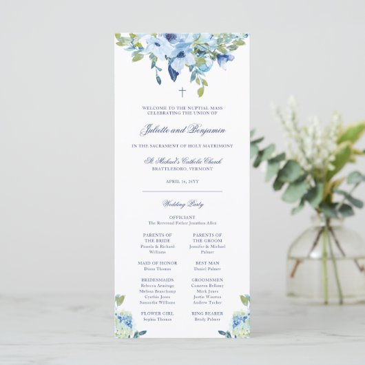 Juliette Blue Floral katholieke Wedding Program Ma (Staand voorkant)