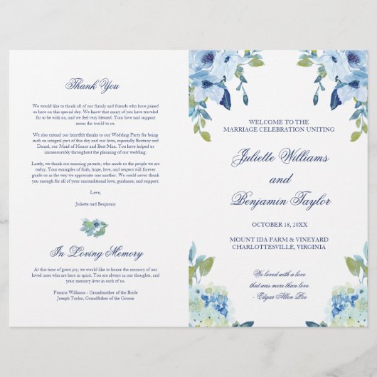 Juliette Blue Floral Wedding Ceremony Program (Voorkant)