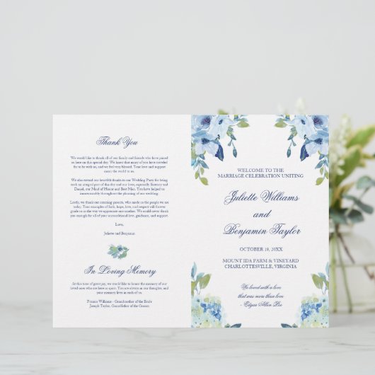 Juliette Blue Floral Wedding Ceremony Program (Staand voorkant)
