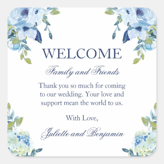 Juliette Dusty Blue Floral bruiloft welkomsttas Vierkante Sticker (Voorkant)