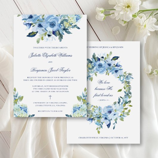 Juliette Dusty Blue Floral Christelijk Wedding Kaart