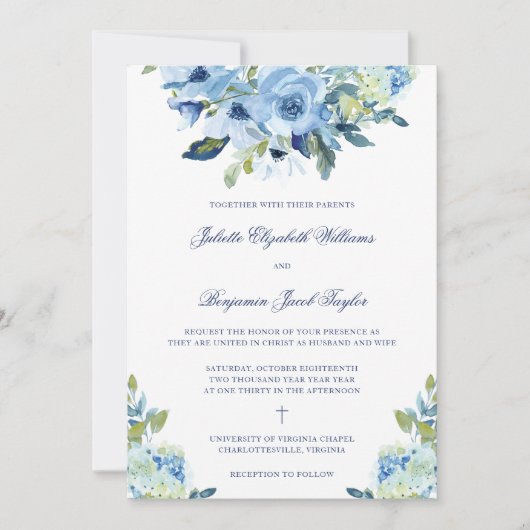 Juliette Dusty Blue Floral Christelijk Wedding Kaart (Voorkant)
