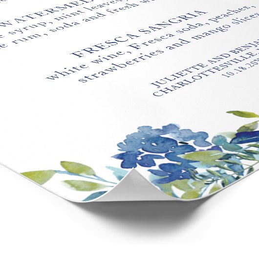 Juliette Dusty Blue Signature Drinken Wedding Sign Poster (Hoek)